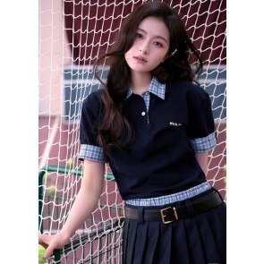[미우미우] 카라 반팔 티셔츠 미니 스커트 세트